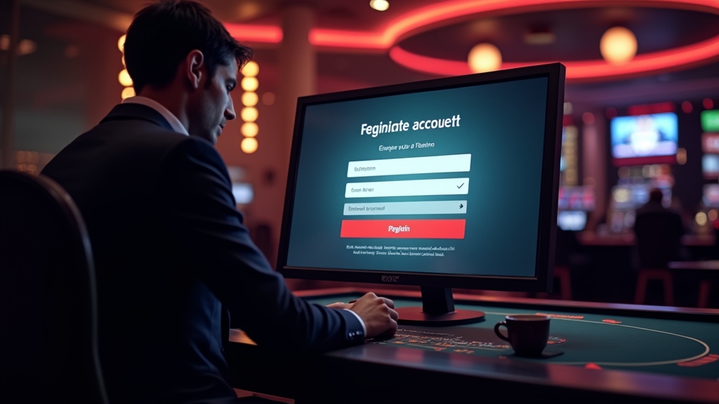 Nutzer füllt ein Registrierungsformular in einer dunklen Casino-Atmosphäre aus