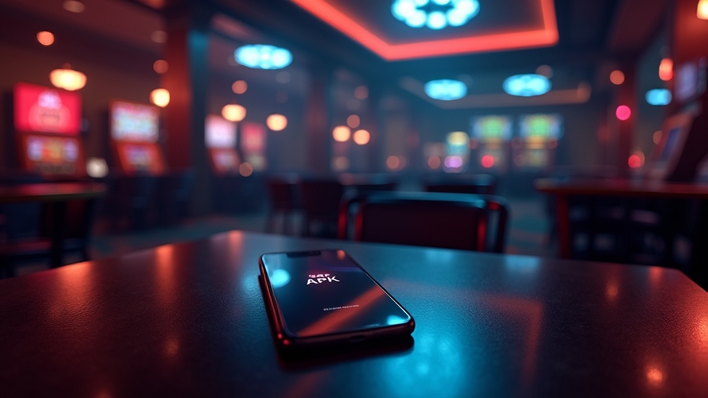 Android-Smartphone mit APK-Installation in einer dunklen Casino-Atmosphäre