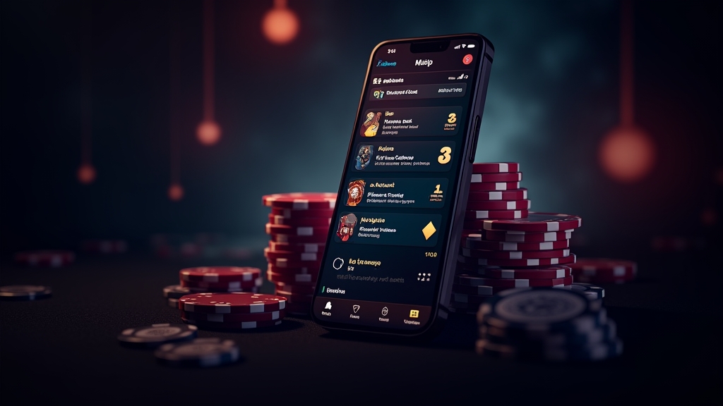 Smartphone zeigt Funktionen und Menüs der Casino-App in dunkler Atmosphäre