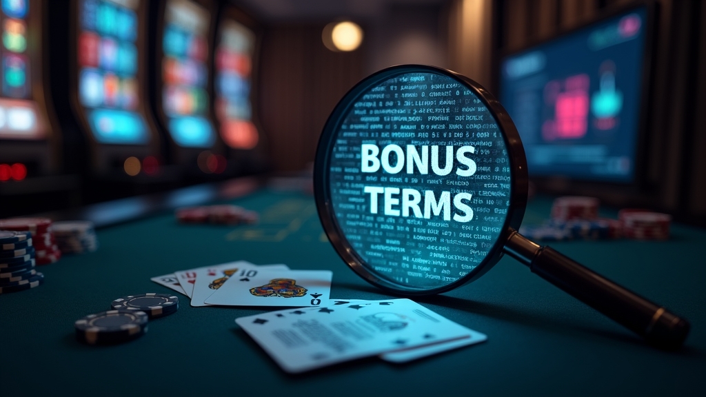 Bonusbedingungen und Umsatzanforderungen auf einem dunklen Casino-Desk