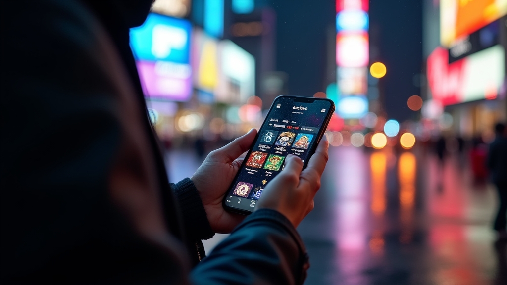 Person nutzt die Casino-App unterwegs auf dem Smartphone bei Nacht