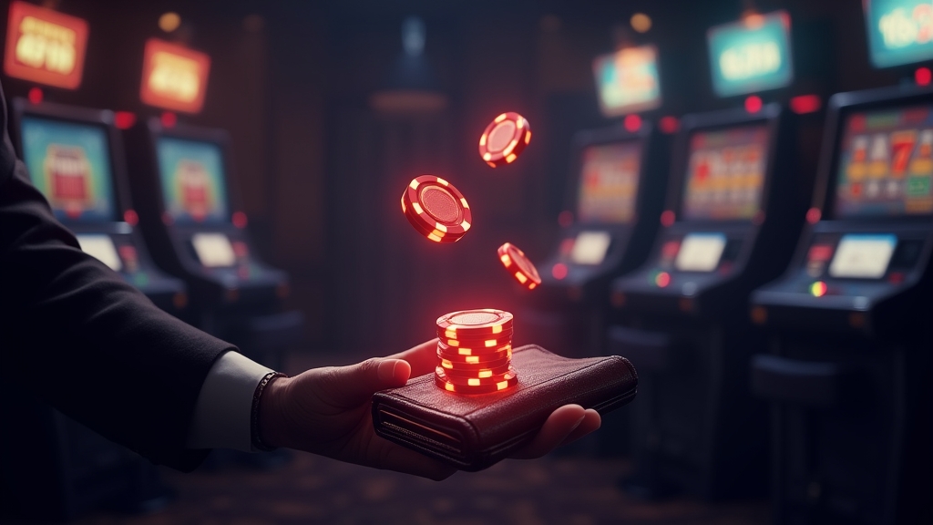 Kostenlose Startaktion mit Chips und Casino-Slots im dunklen Ambiente