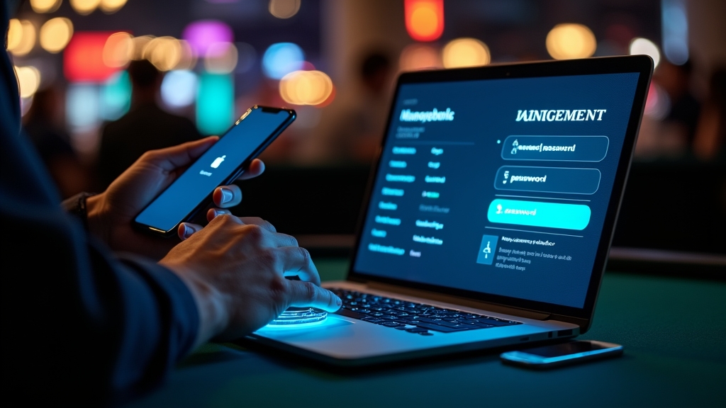 Person verwaltet Login-Daten auf Laptop und Smartphone in dunkler Casino-Optik